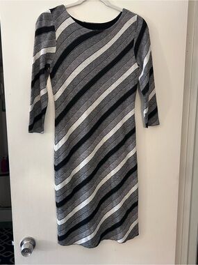 Ann Taylor Black, Gray & White Striped Midi Dress